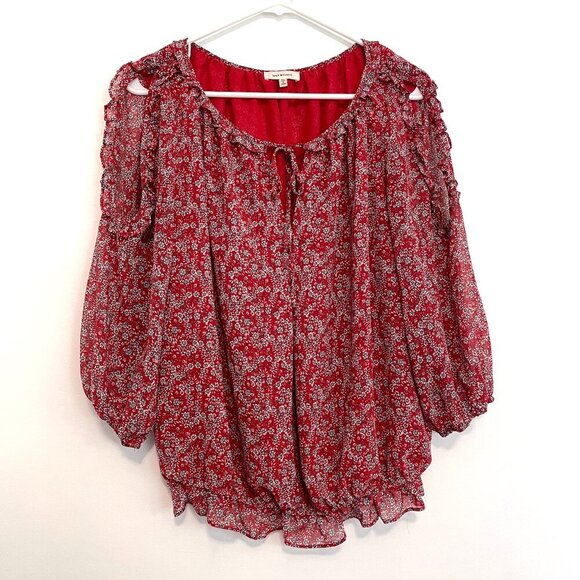 MAX STUDIO Georgette Elbow Sleeve Cold Shoulder Blouse Red White Floral Boho Top - Picture 2 of 16